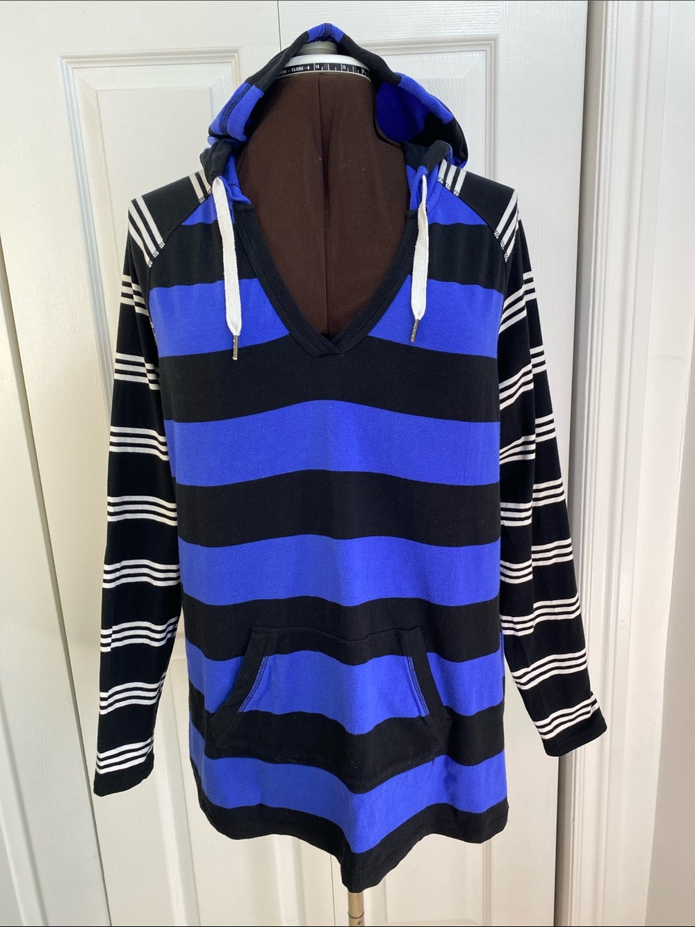 2 for $25 - Addition Elle Black and Royal Blue Striped Hoodie, Lightweight, 1X